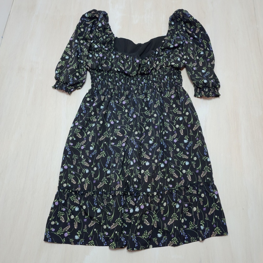 Women Floral Smocked Dress Black Purple Ruffle Sweetheart M Cottagecore Boho